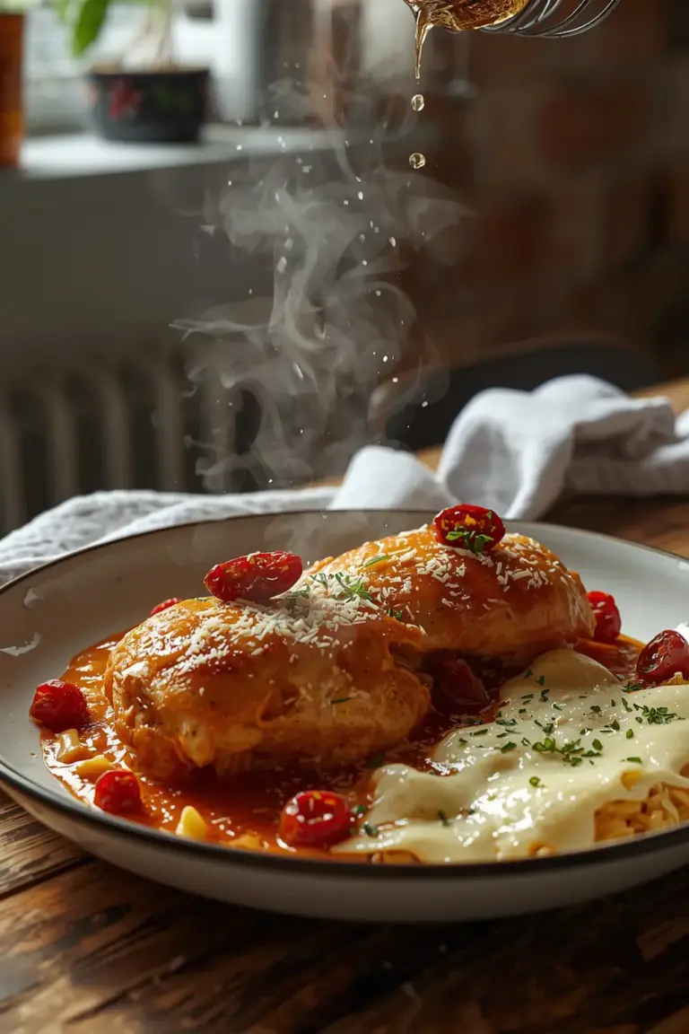 A photo of a hot plate of chicken with a creamy sauce, sun-dried tomatoes, and Parmesan cheese.