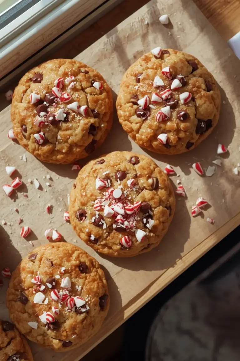A close-up of crispy holiday treats with melted chocolate and crushed candy canes