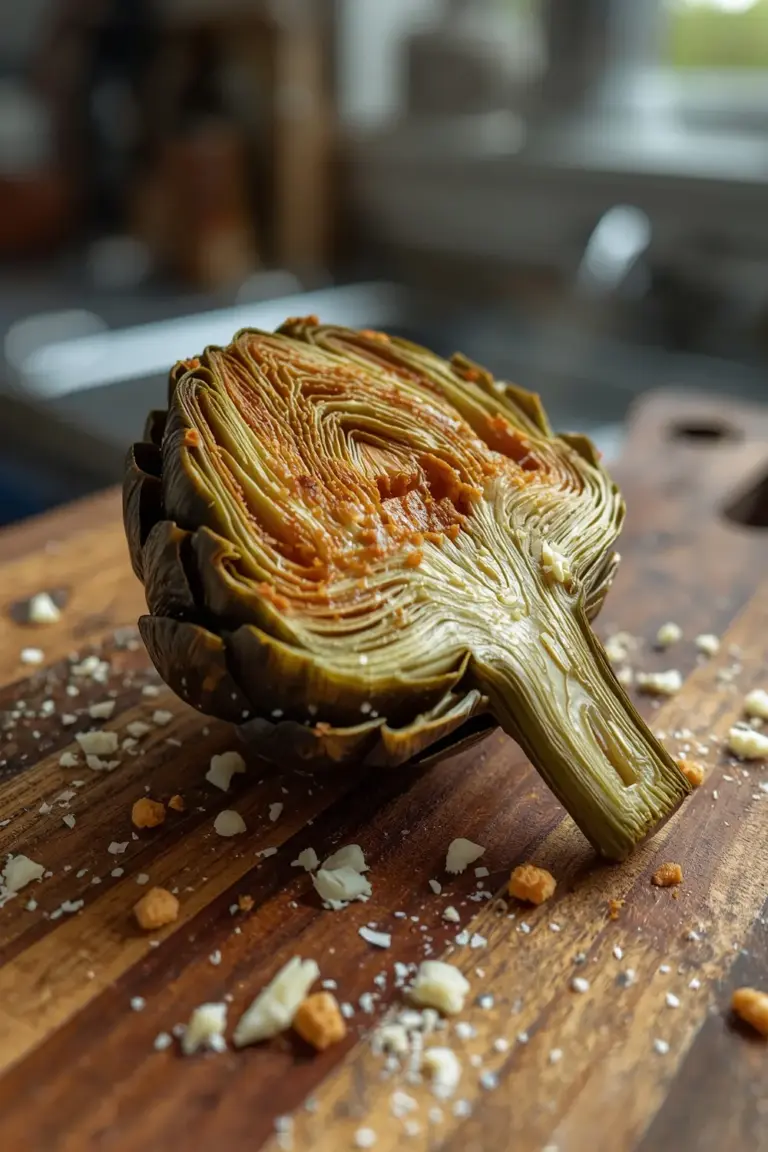 Close-up of a crispy parmesan artichoke heart on a wooden cutting board