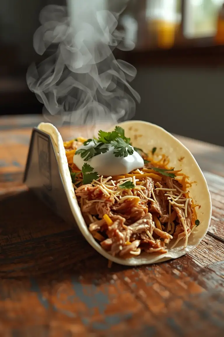 A photo of a delicious taco filled with crockpot chicken, sour cream, cheese, and cilantro