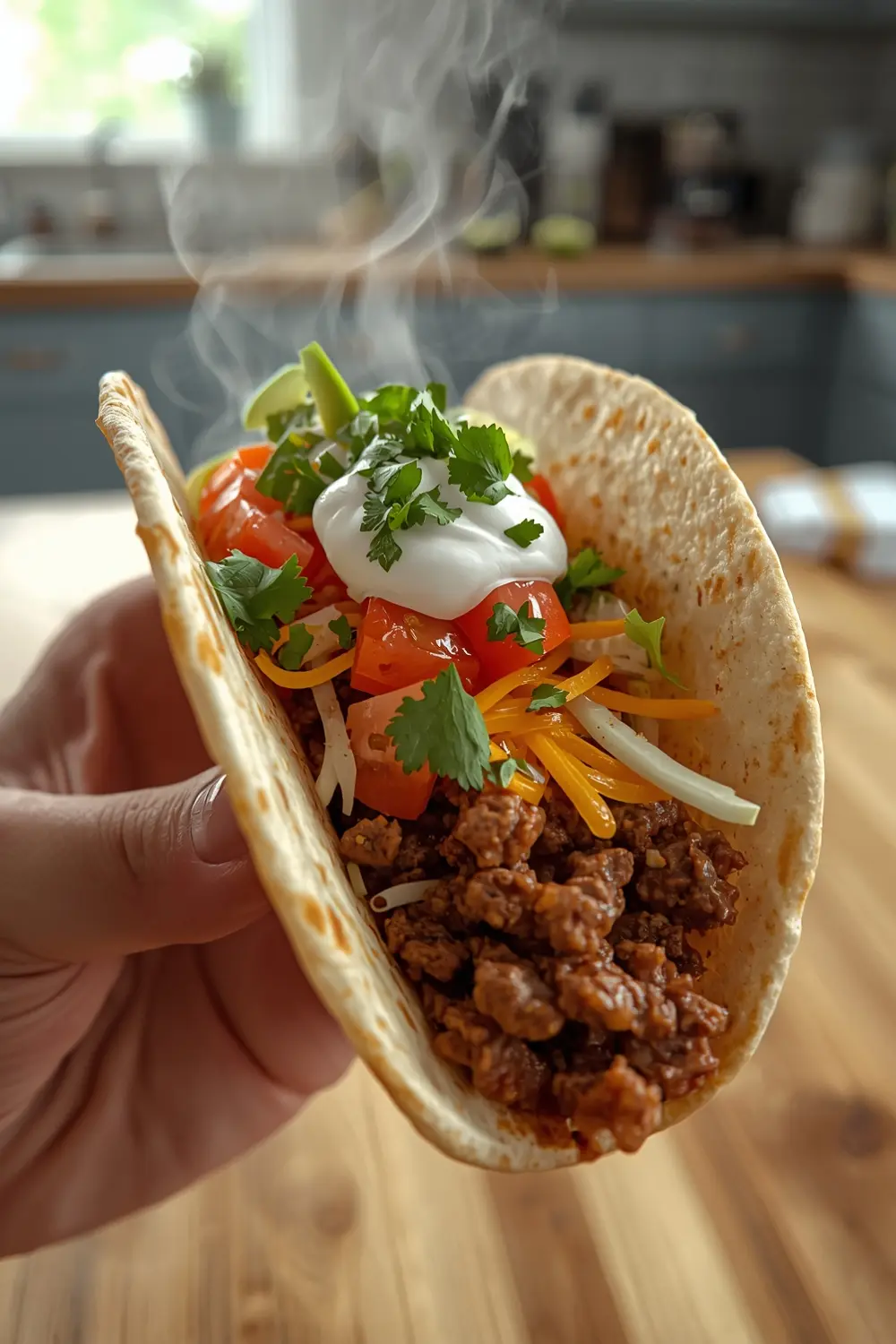 A photo of a beef taco with various toppings, including sour cream, salsa, avocado, and cilantro, on a wooden table