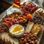 A colorful and appetizing cheese charcuterie board with assorted meats, cheeses, fruits, and nuts