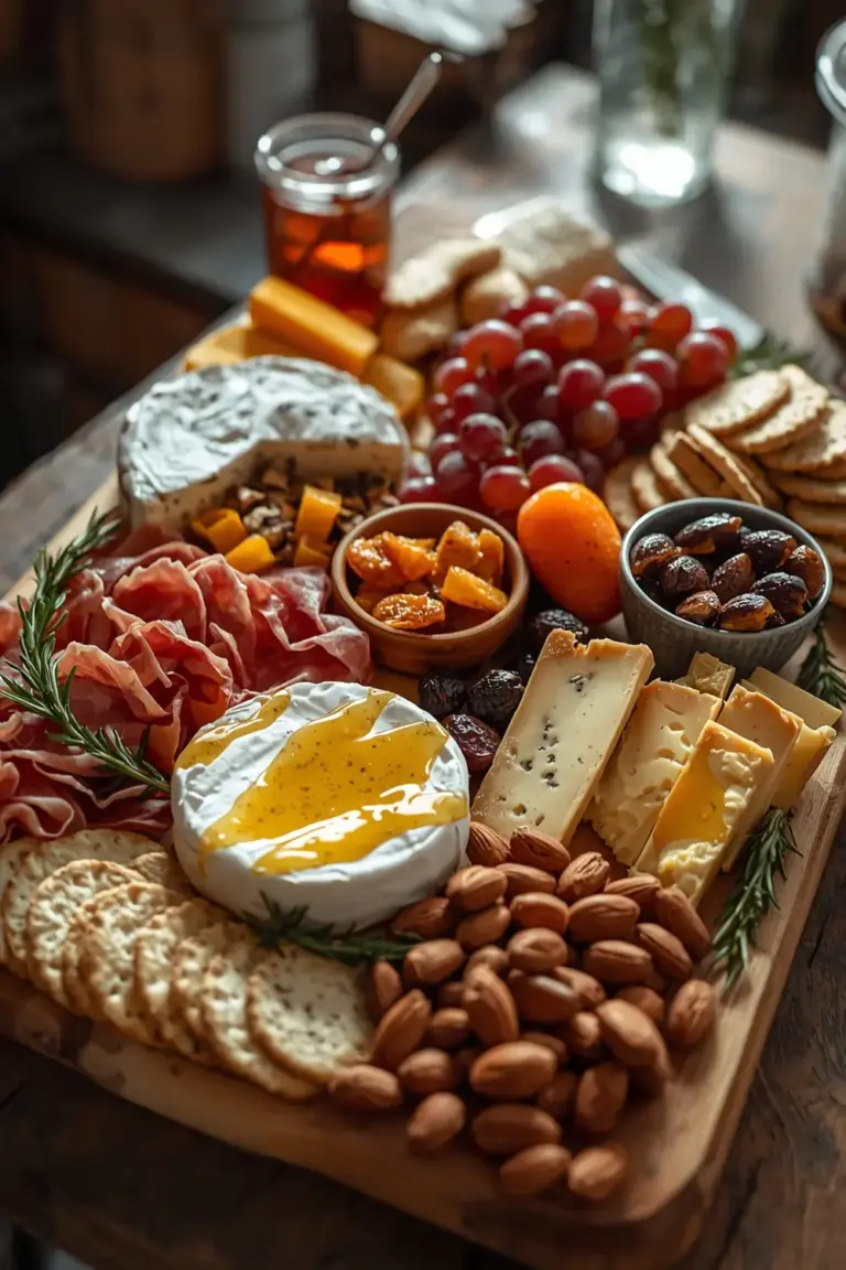 A colorful and appetizing cheese charcuterie board with assorted meats, cheeses, fruits, and nuts
