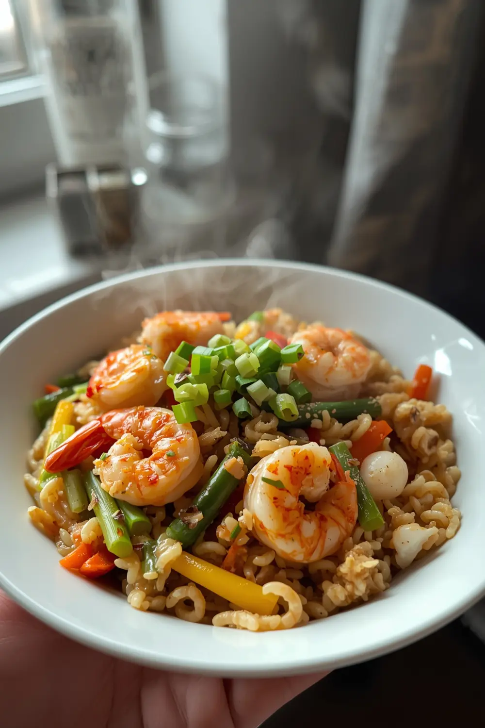 A photo of a plate of shrimp fried rice with mixed vegetables and scrambled eggs