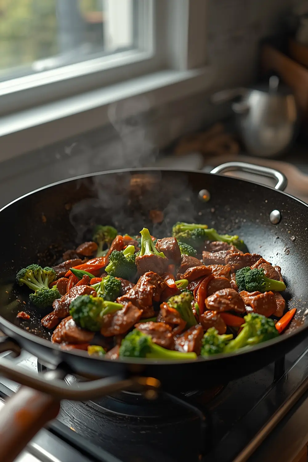 A photo of a beef and broccoli stir-fry in a wok