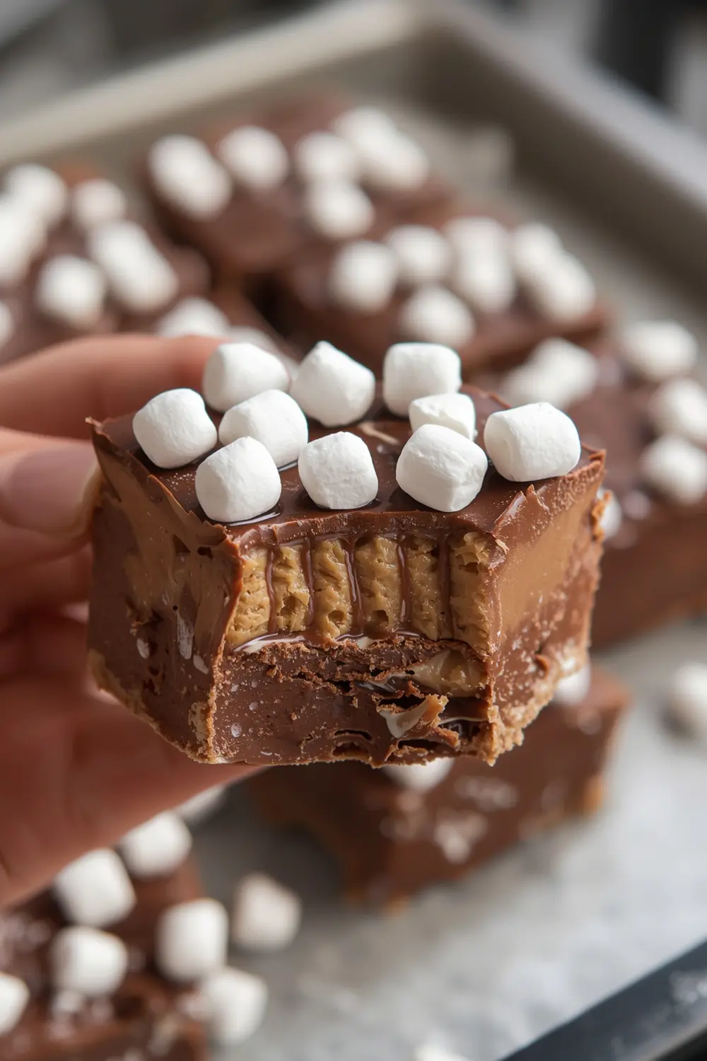 A photo of a square of chocolate fudge with marshmallows on top