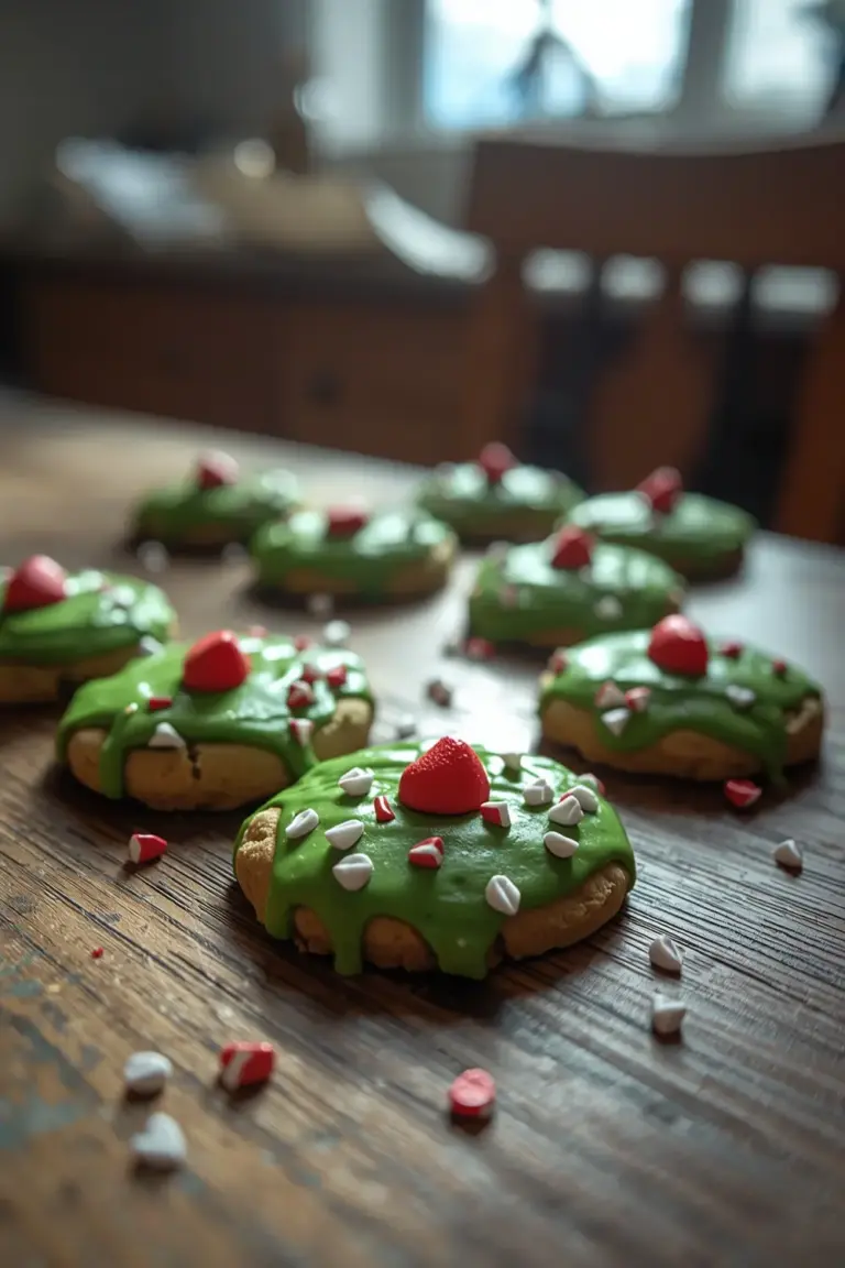 A close-up photo of decorated Grinch Cookies with green and red colors on a wooden table