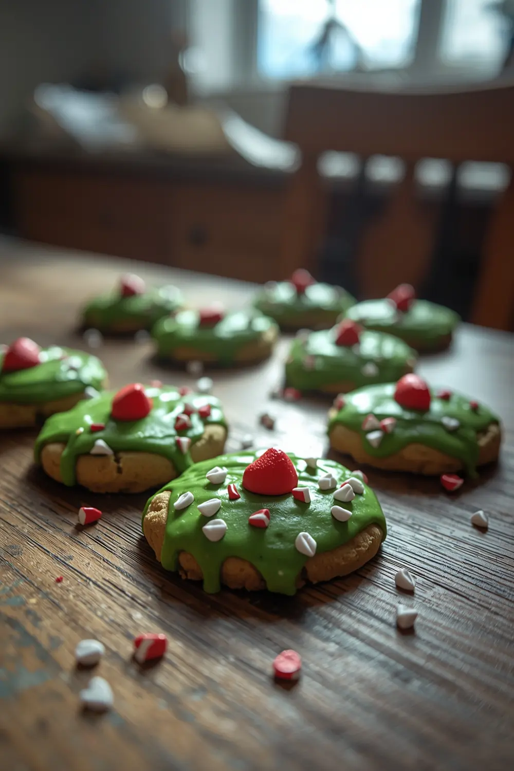 A close-up photo of decorated Grinch Cookies with green and red colors on a wooden table