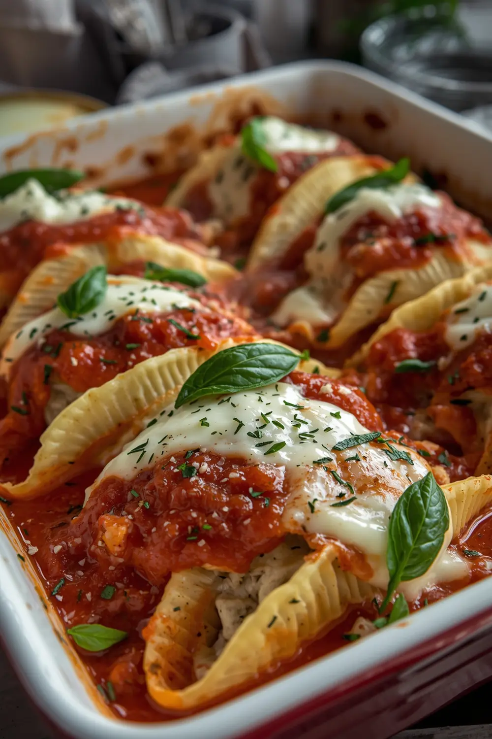 Baked stuffed shells with tomato sauce and melted mozzarella