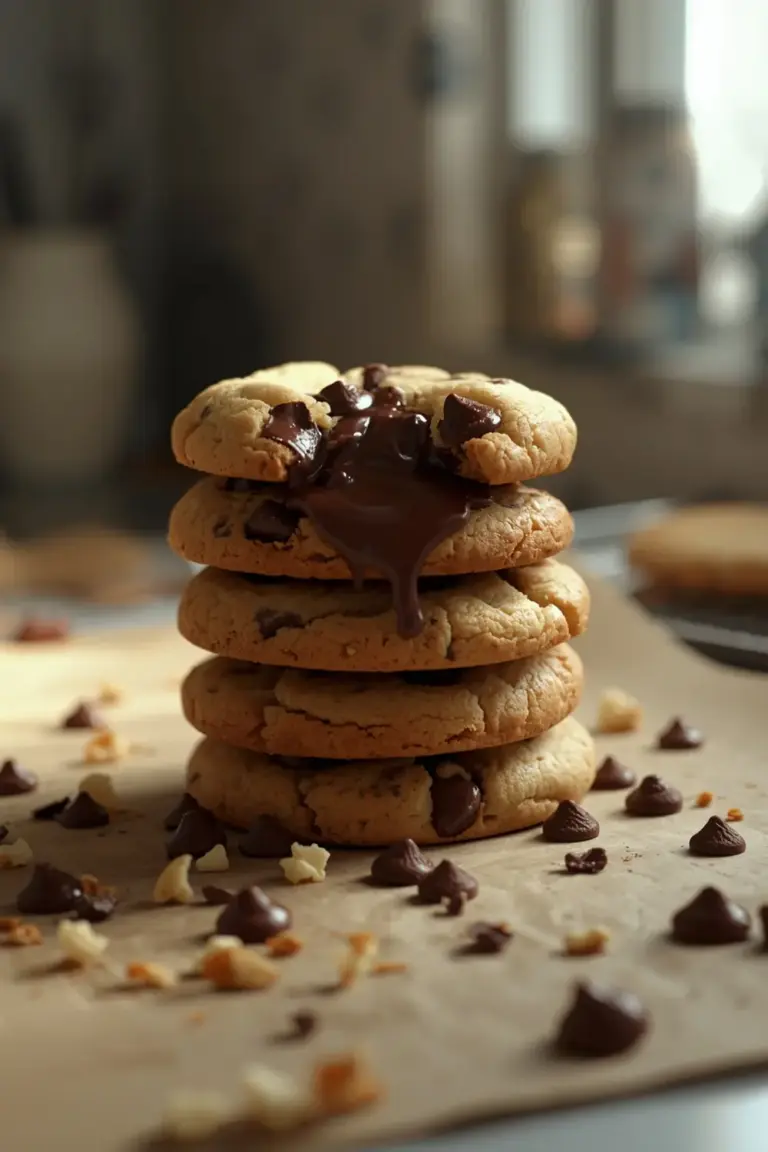 A stack of warm chocolate chip cookies with melted chocolate chips