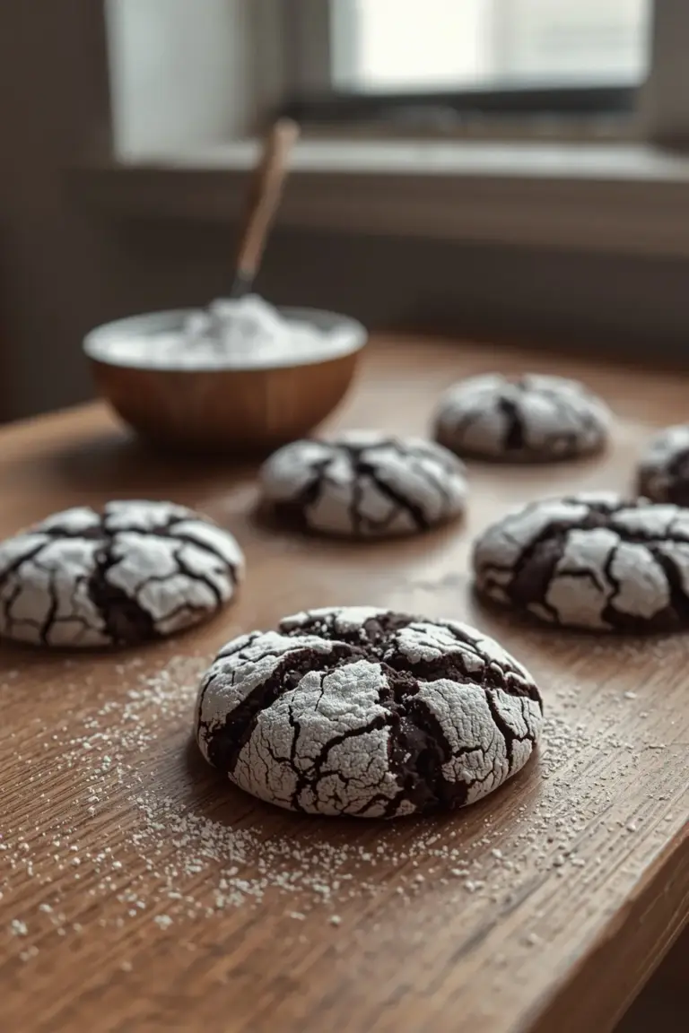 A close-up of chocolate crinkle cookies on a wooden table with powdered sugar