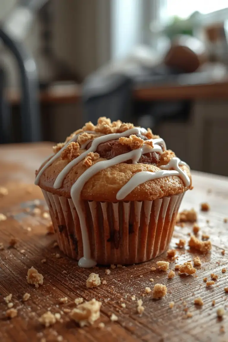 A close-up of a cinnamon roll muffin with streusel topping and white glaze on a wooden table