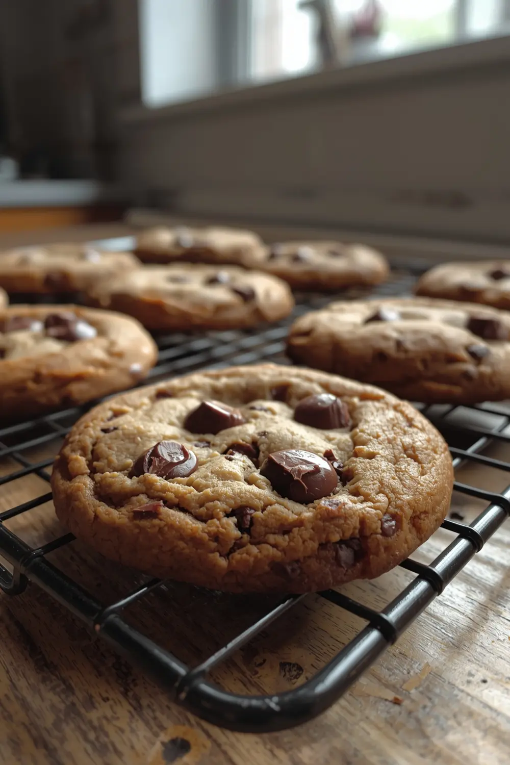 A close-up of a warm, chewy, freshly baked Classic Chocolate Chip Cookie