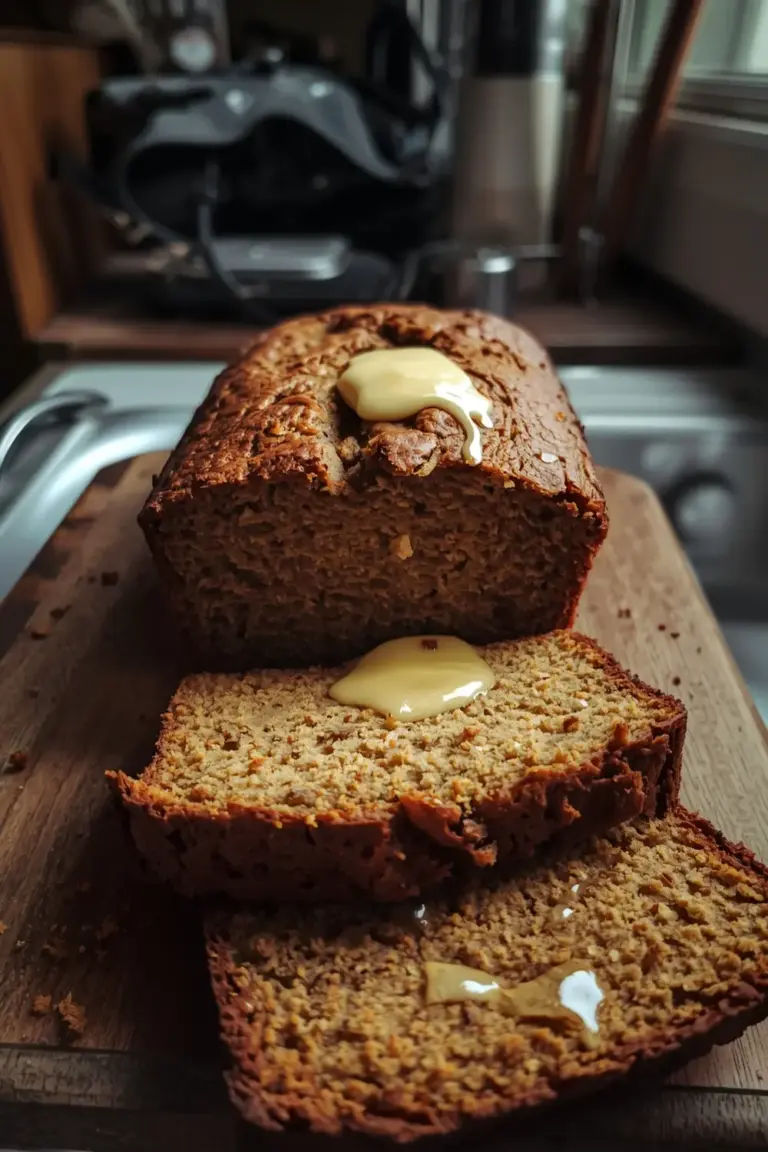 A photo of a sliced banana bread loaf with melting butter on top
