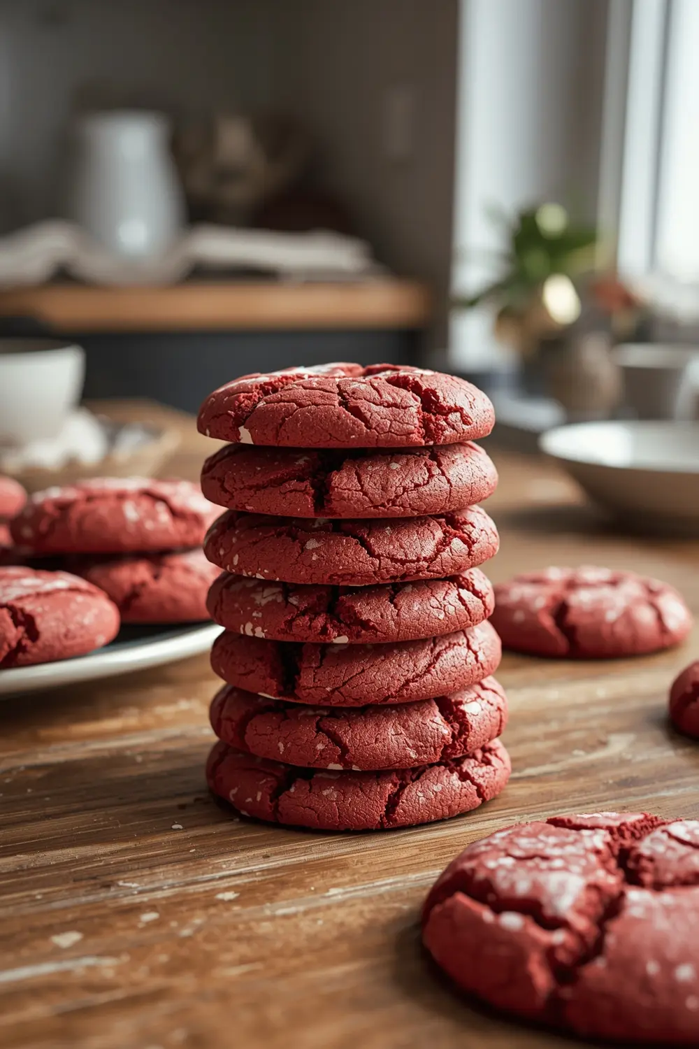 A stack of red velvet crinkle cookies with a crinkled surface