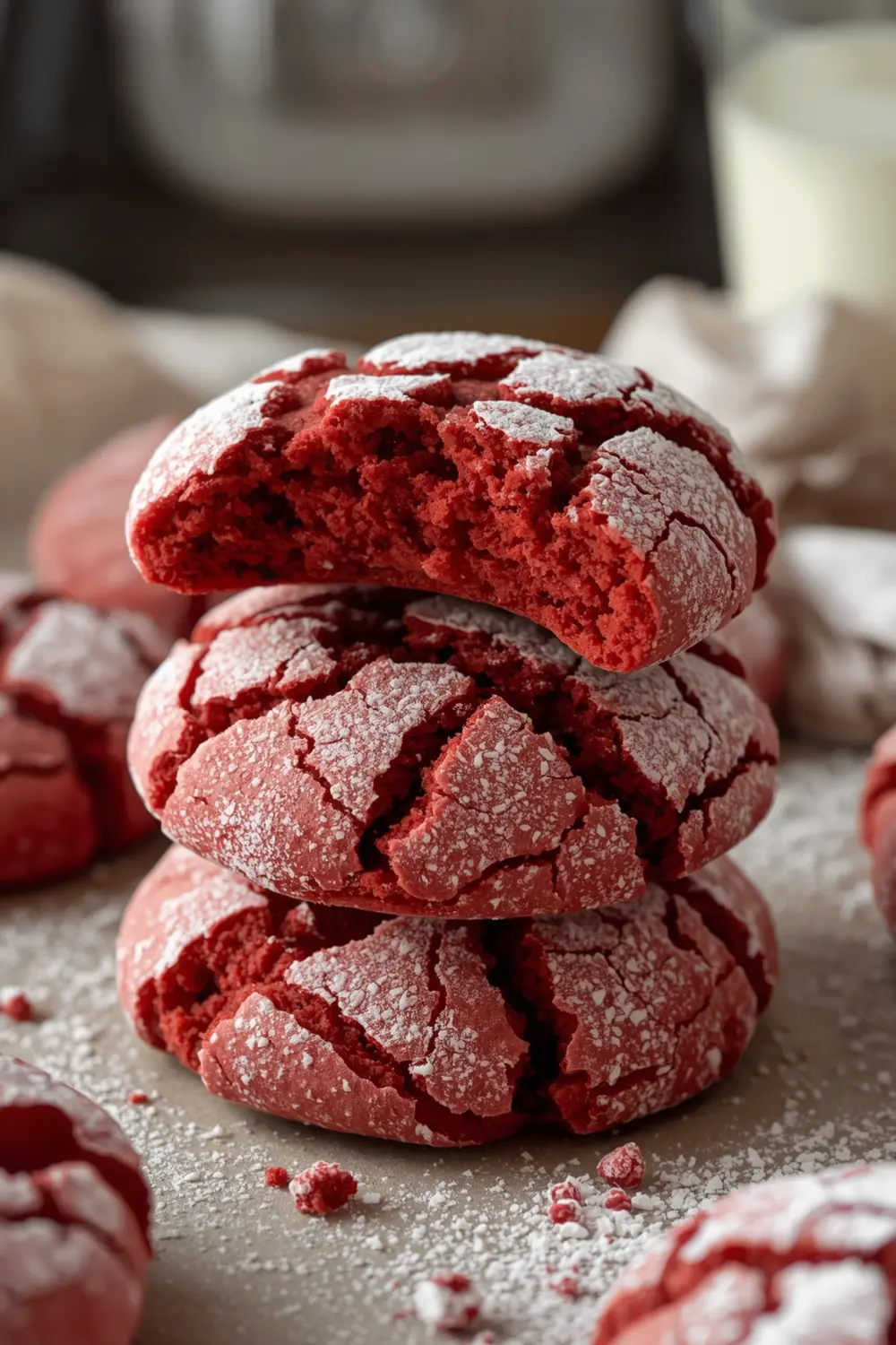 A photo of a stack of red velvet crinkle cookies with powdered sugar on top
