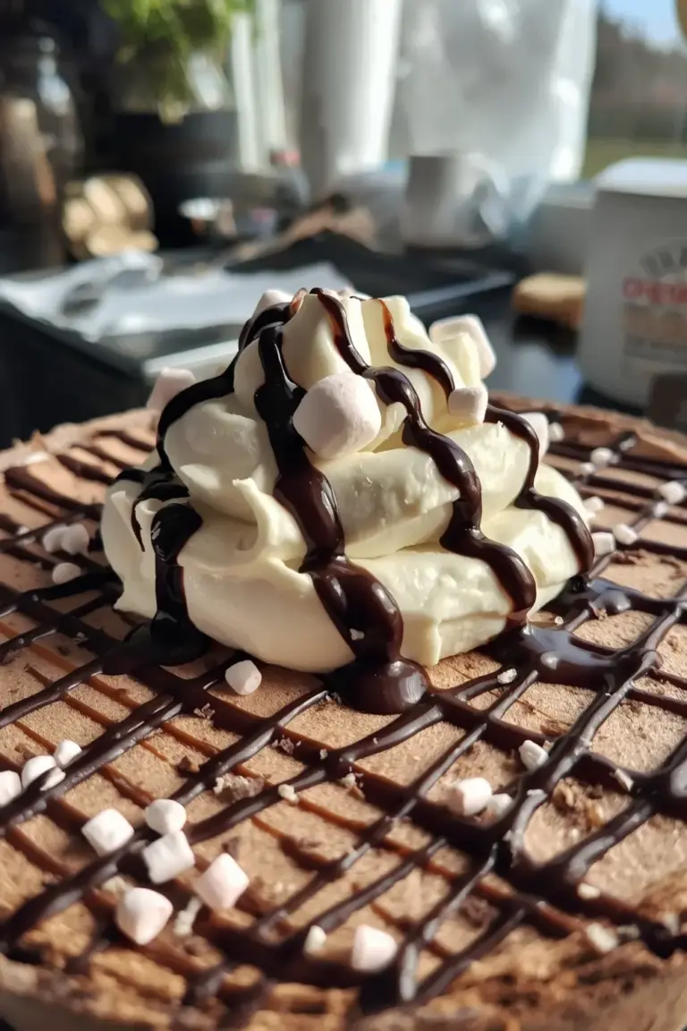 A close-up of a frozen hot chocolate cheesecake with whipped cream, mini marshmallows, and chocolate sauce on top