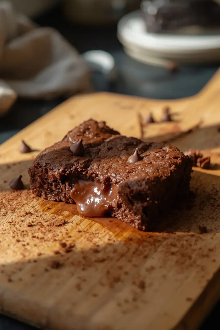 A close-up photo of a rich, fudgy brownie with melted chocolate chips and cocoa powder