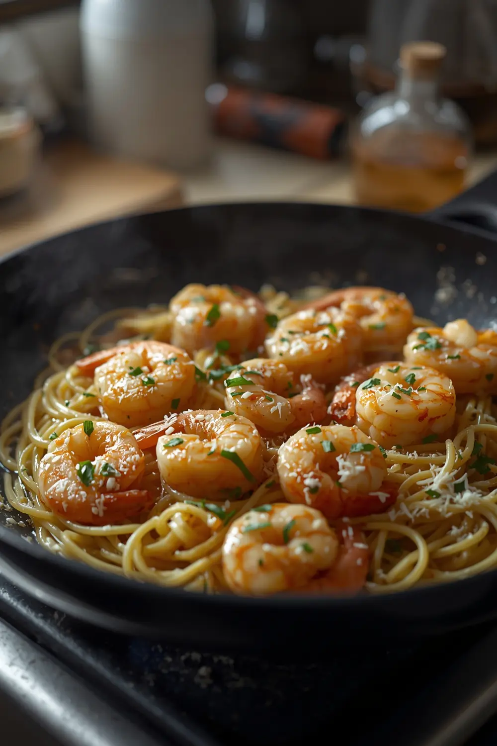 A photo of a skillet with garlic butter shrimp scampi, parsley, and parmesan cheese on top of linguine