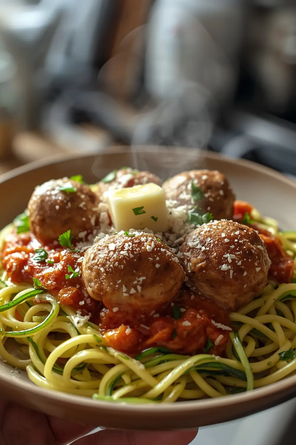 A photo of a plate of turkey meatballs and zucchini noodles with garlic butter and parmesan cheese