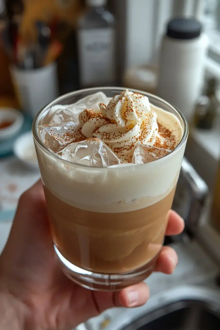 A chilled glass of Gingerbread White Russian cocktail with whipped cream and nutmeg on top