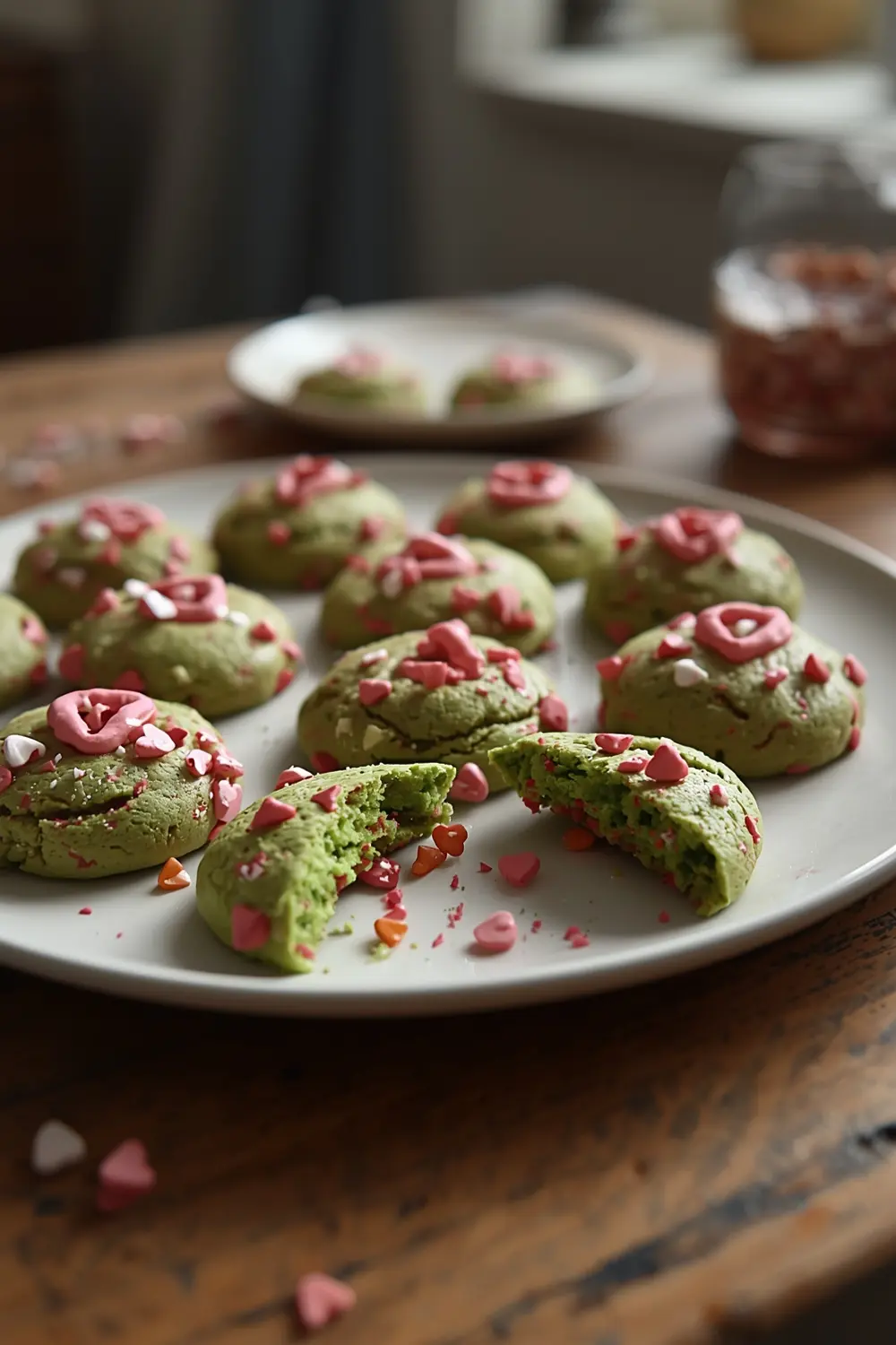 A plate of Grinch Cookies with green and red coloring and heart-shaped sprinkles
