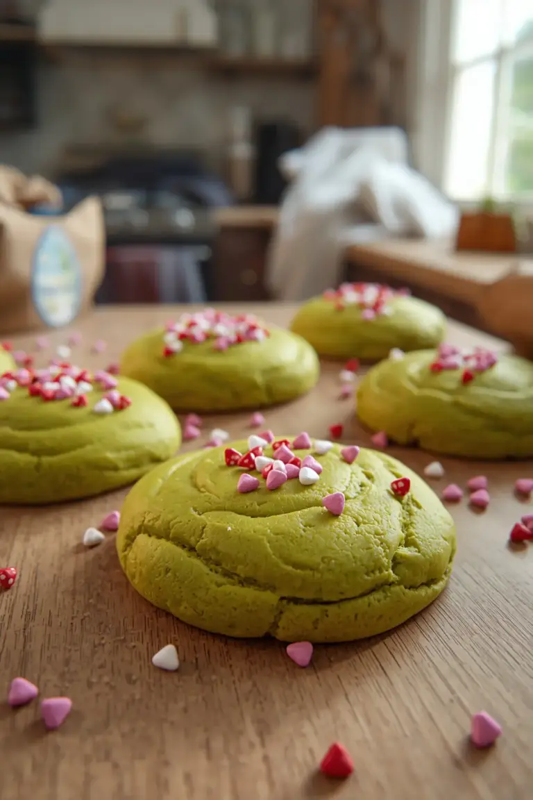 A photo of Grinch Cookies with heart sprinkles on a wooden surface