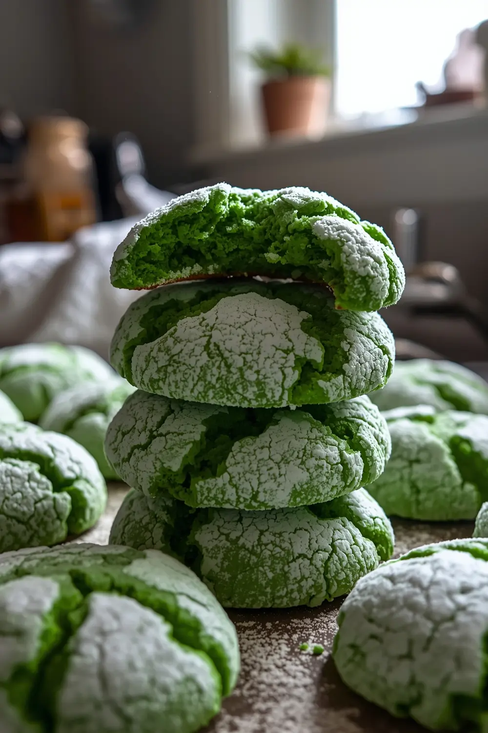 A stack of green crinkle cookies with powdered sugar