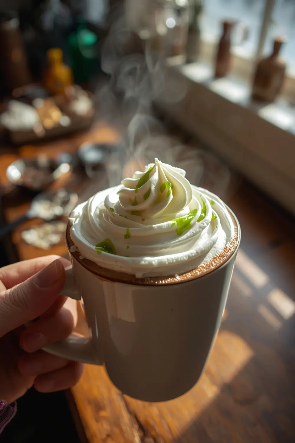 A close-up photo of a mug of green hot chocolate with whipped cream and sweetened condensed milk