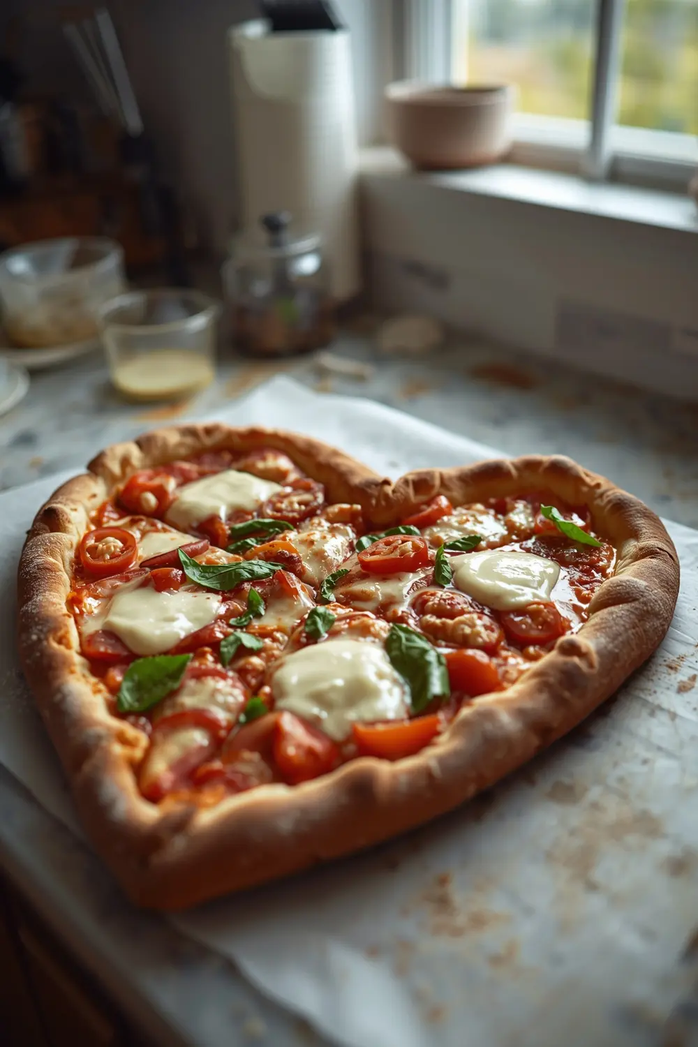 A heart-shaped pizza with melted cheese and various toppings