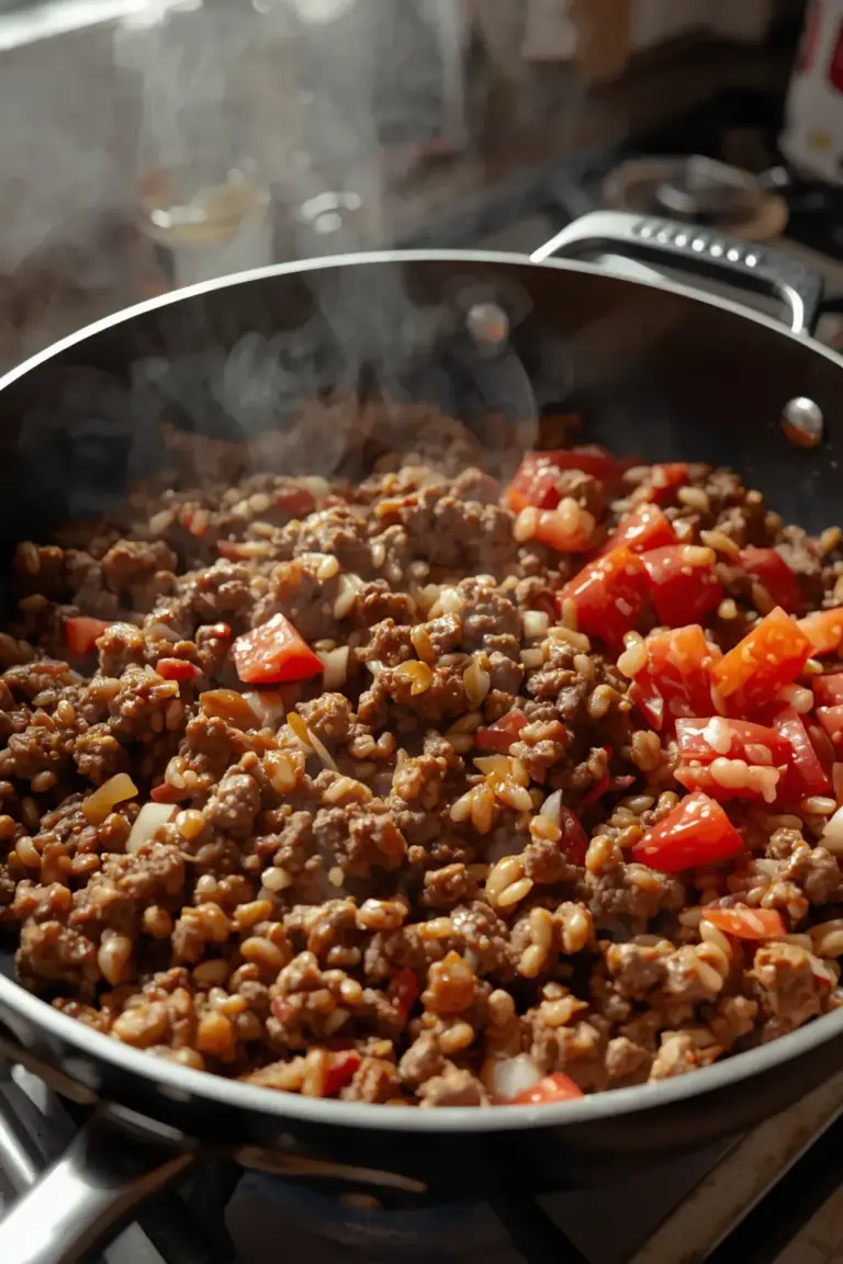 A photo of a skillet filled with ground beef, rice, and diced tomatoes