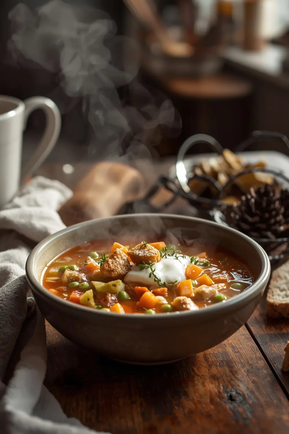 A bowl of vegetable soup with cream and croutons