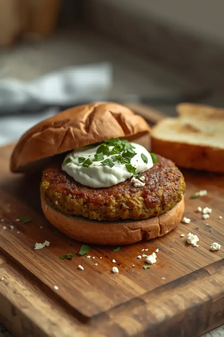 A close-up of a veggie burger with Greek yogurt sauce and parsley