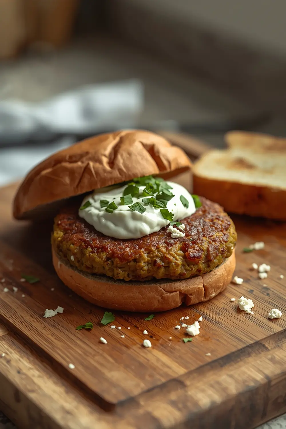A close-up of a veggie burger with Greek yogurt sauce and parsley