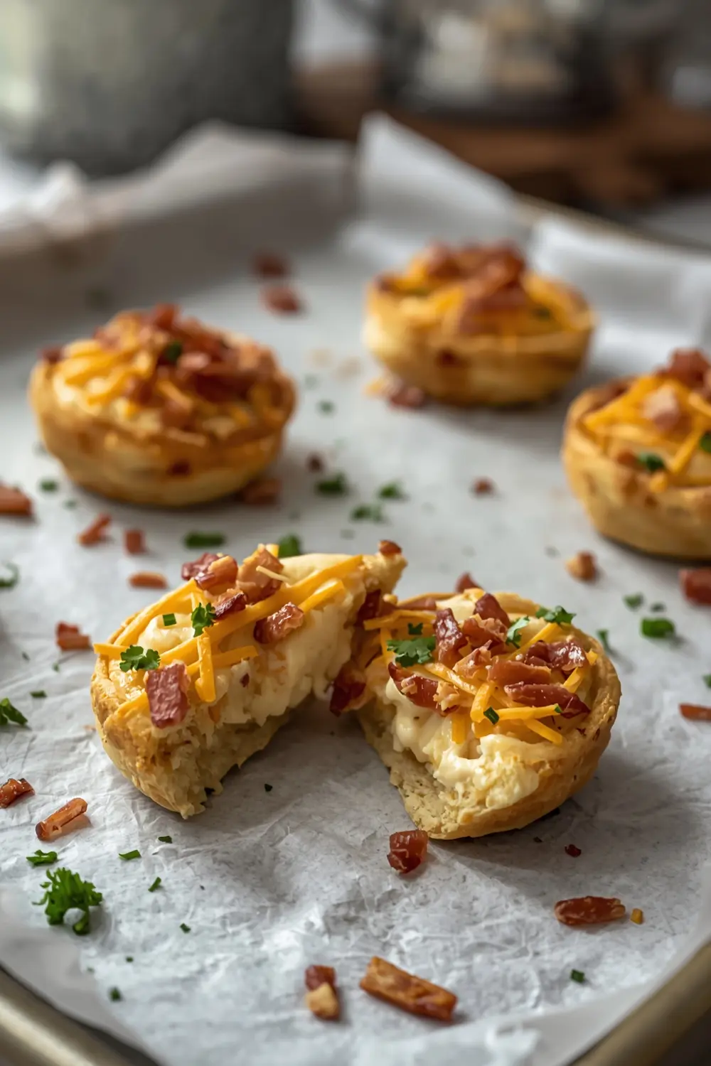 Close-up of baked holiday appetizers with bacon and cheese filling