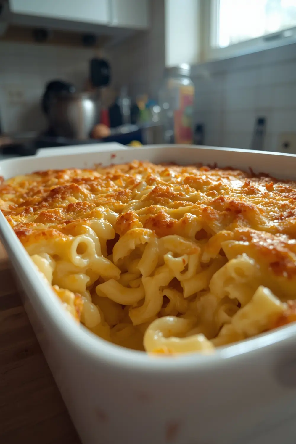 A close-up photo of baked macaroni and cheese in a ceramic dish