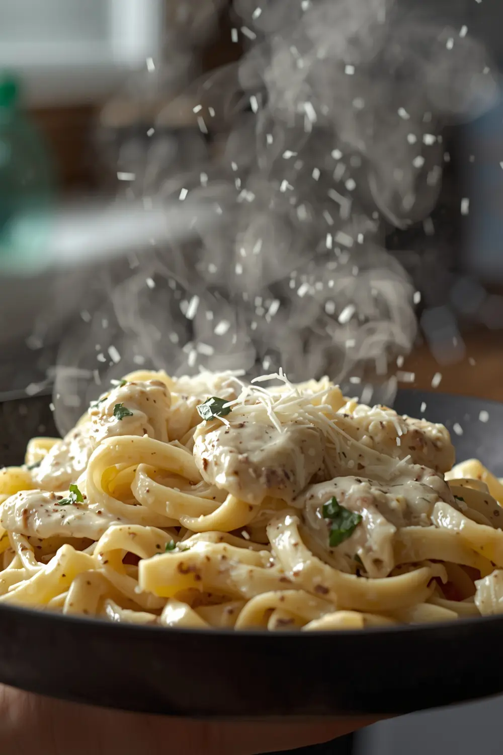 A close-up photo of a plate of chicken fettuccine Alfredo with Parmesan cheese and basil
