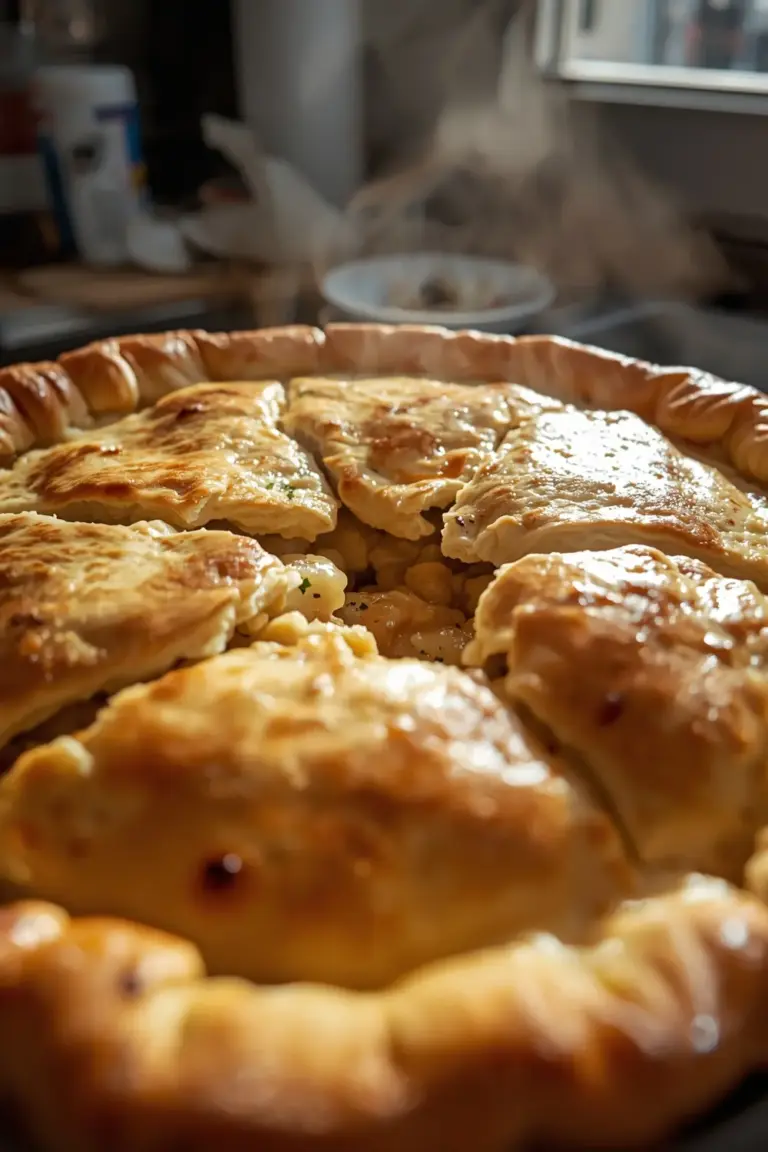 A photo of a homemade chicken pot pie with a broken crust, showing the filling inside