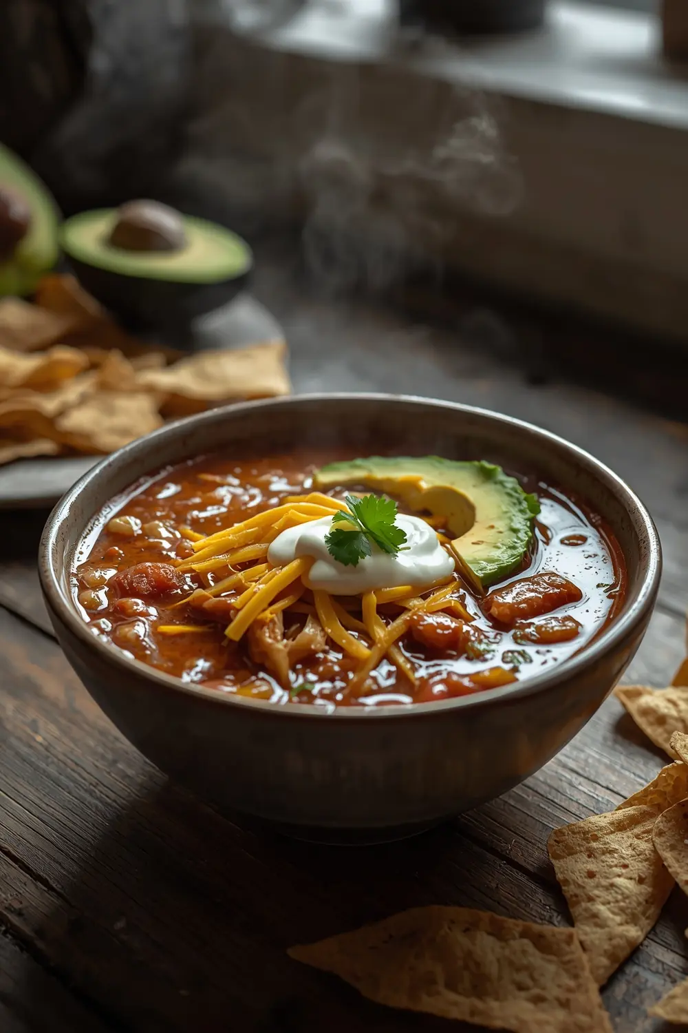 A photo of a bowl of chicken tortilla soup with toppings
