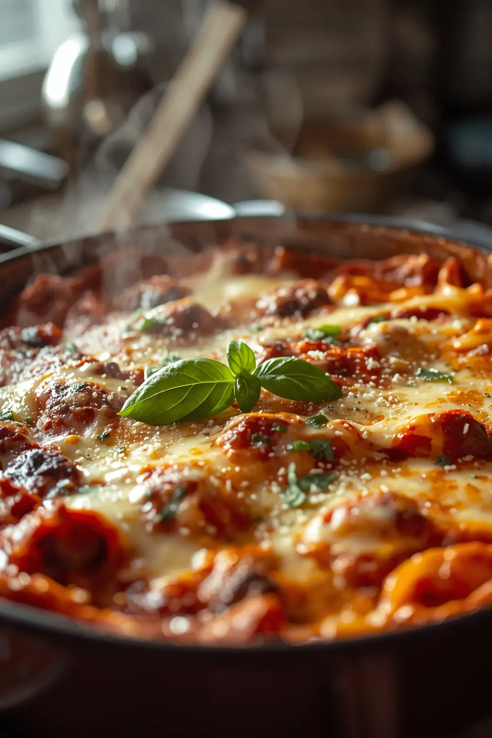A photo of a homemade classic beef lasagna, hot and fresh out of the oven.