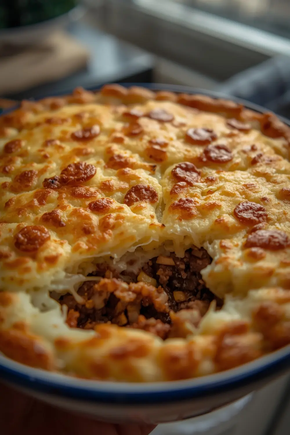 A photo of a homemade shepherd's pie with a golden-brown crust and a meaty filling