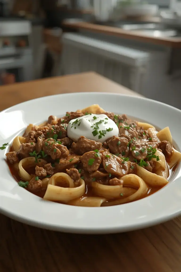A photo of a delicious plate of ground beef stroganoff with egg noodles, sour cream, and parsley.
