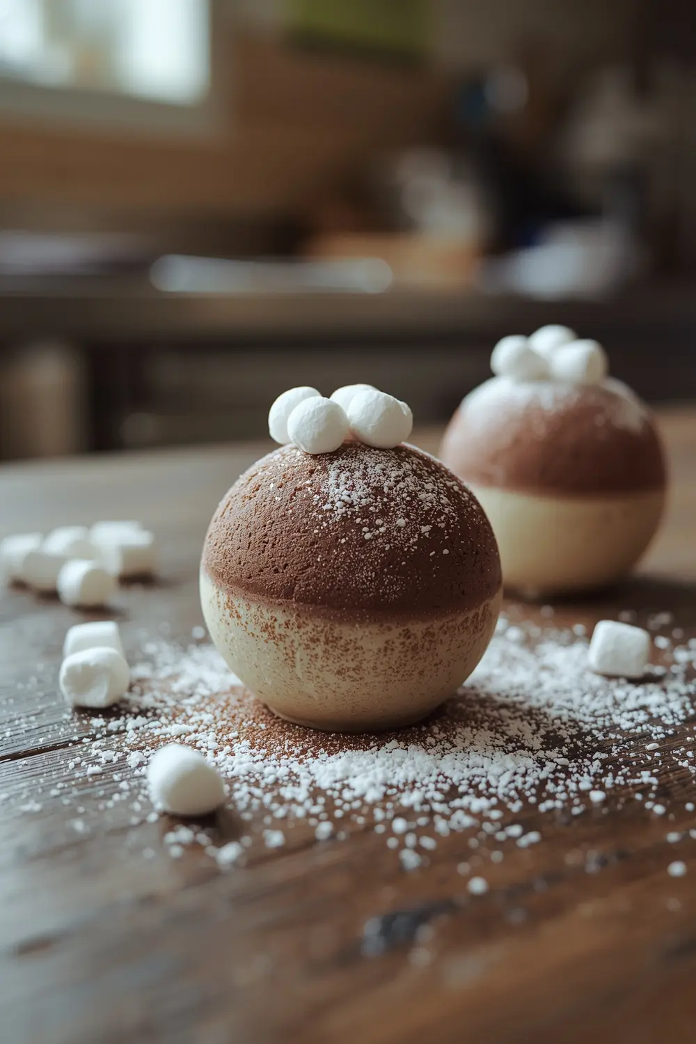 A close-up photo of a DIY hot cocoa bomb made with dark and milk chocolate, topped with confectioners' sugar and mini marshmallows