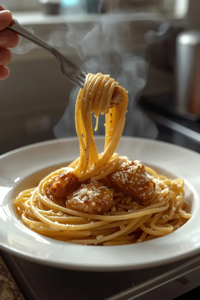 A photo of a delicious plate of lemon garlic chicken pasta, with a sprinkle of parmesan cheese and a fork twirled in the pasta