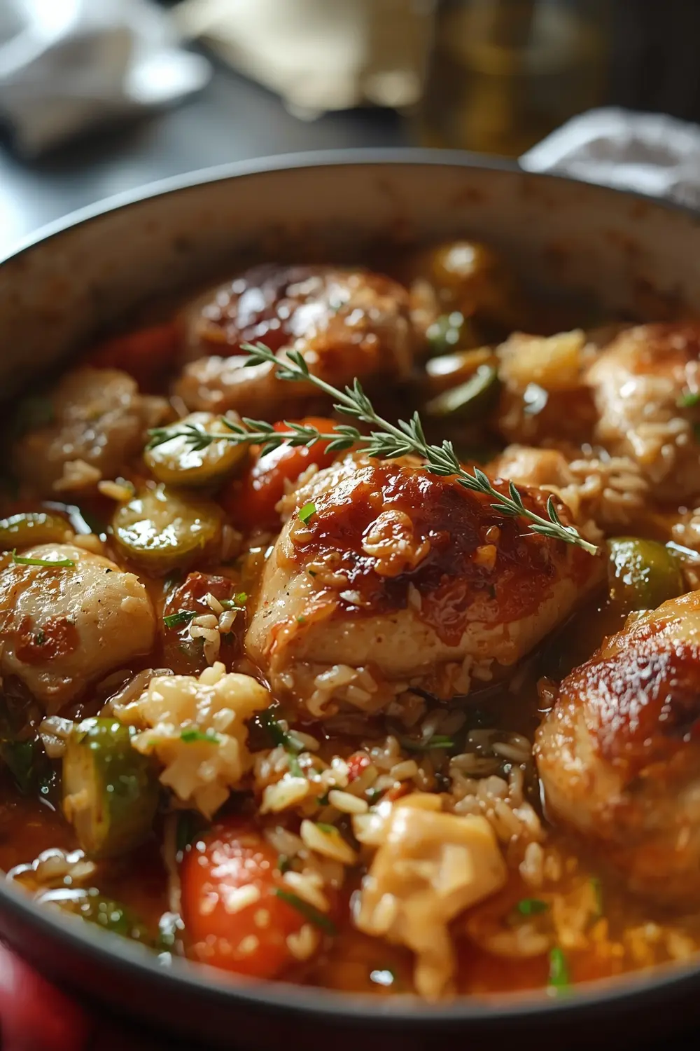 A delicious and hearty one-pot dinner with chicken, vegetables, and rice.
