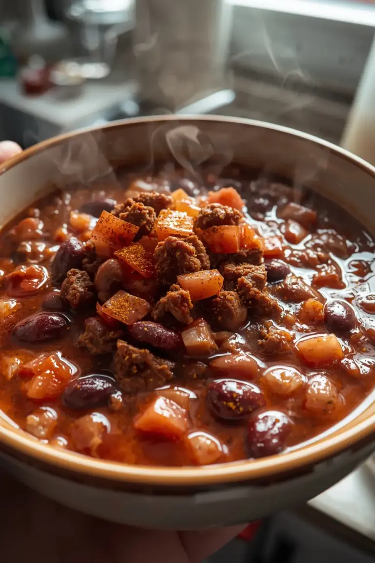 A photo of a bowl of chili con carne with ground beef, beans, and tomatoes