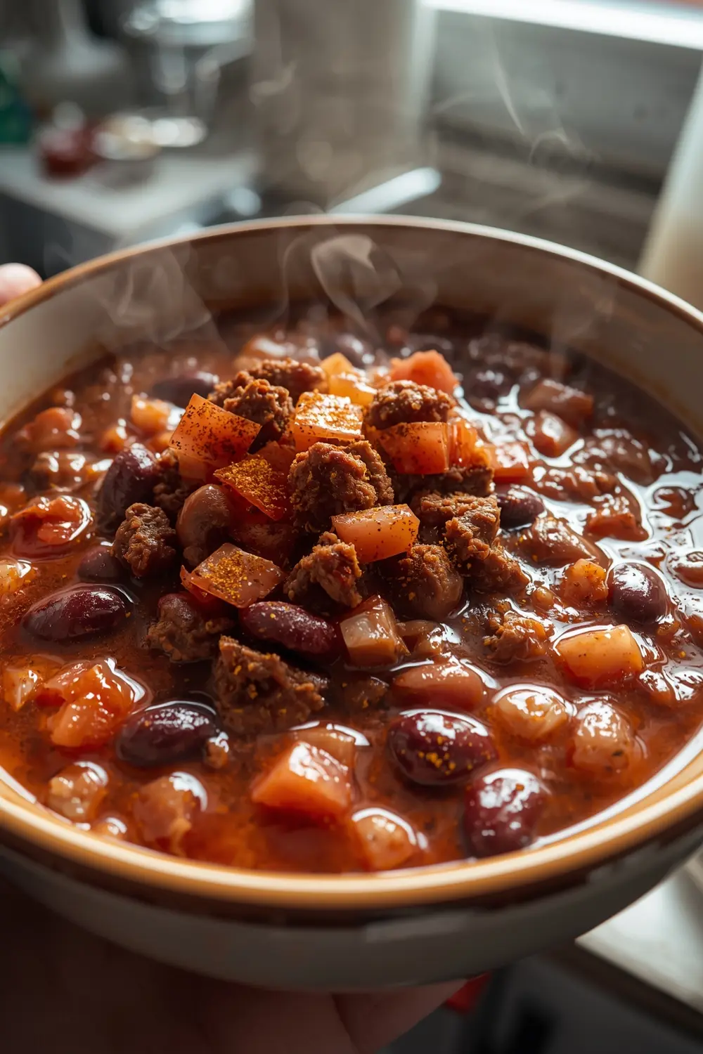 A photo of a bowl of chili con carne with ground beef, beans, and tomatoes