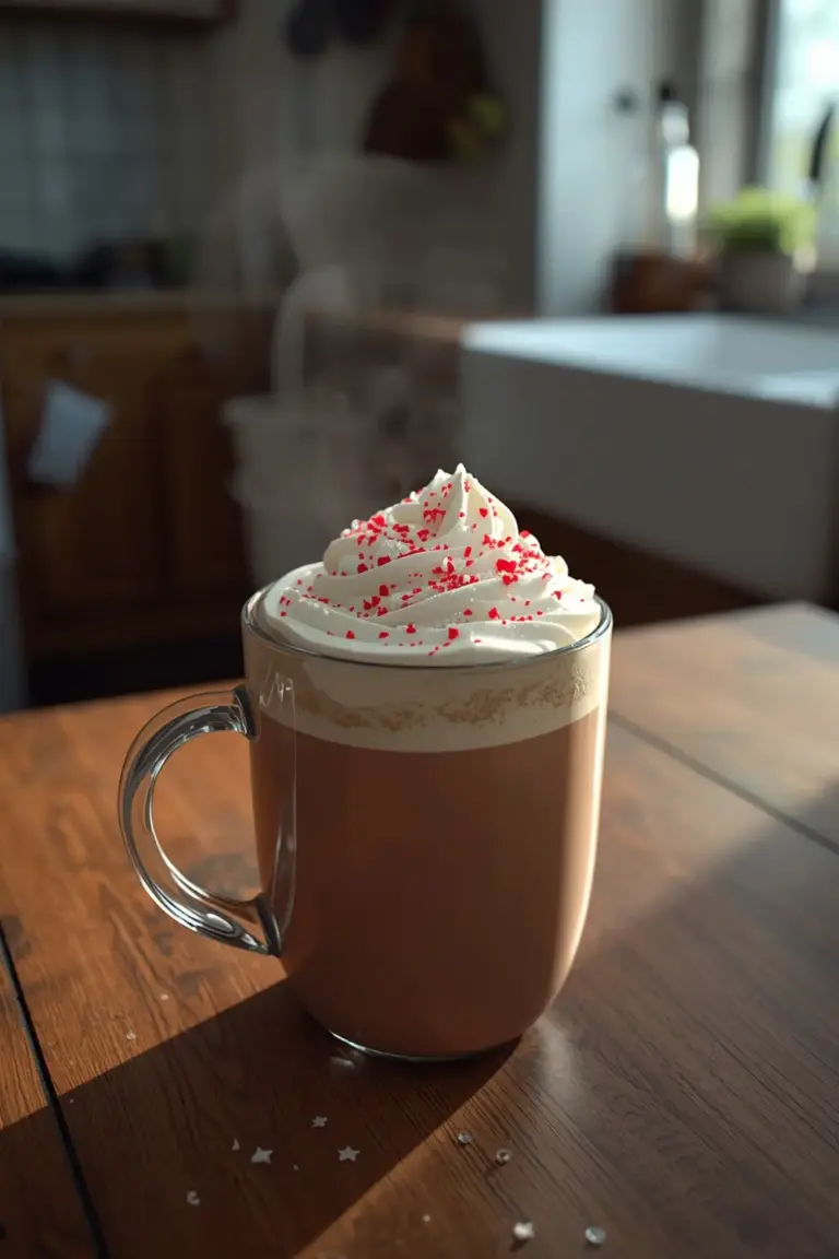 A photo of a steaming mug of peppermint mocha with whipped cream and crushed candy canes on top