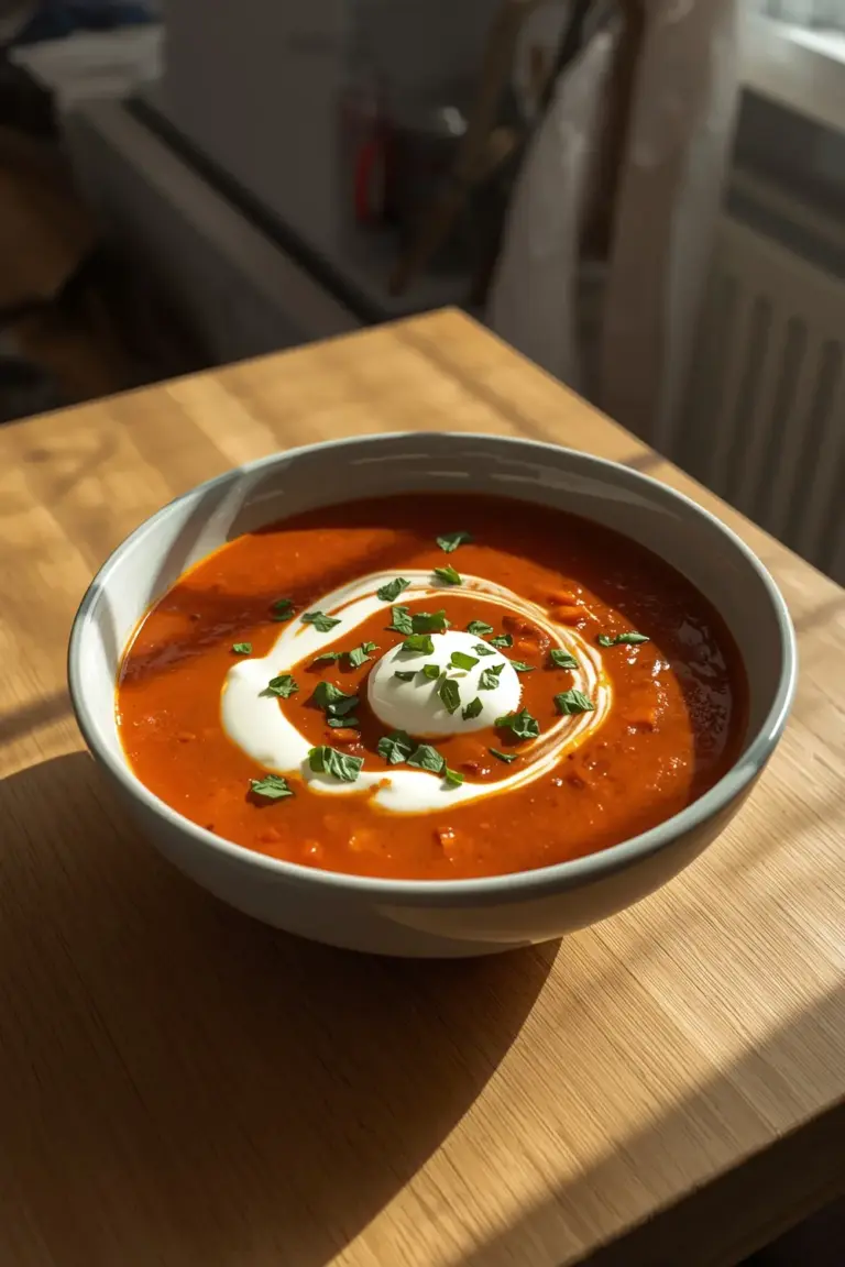 A bowl of creamy roasted tomato basil soup with fresh basil garnish
