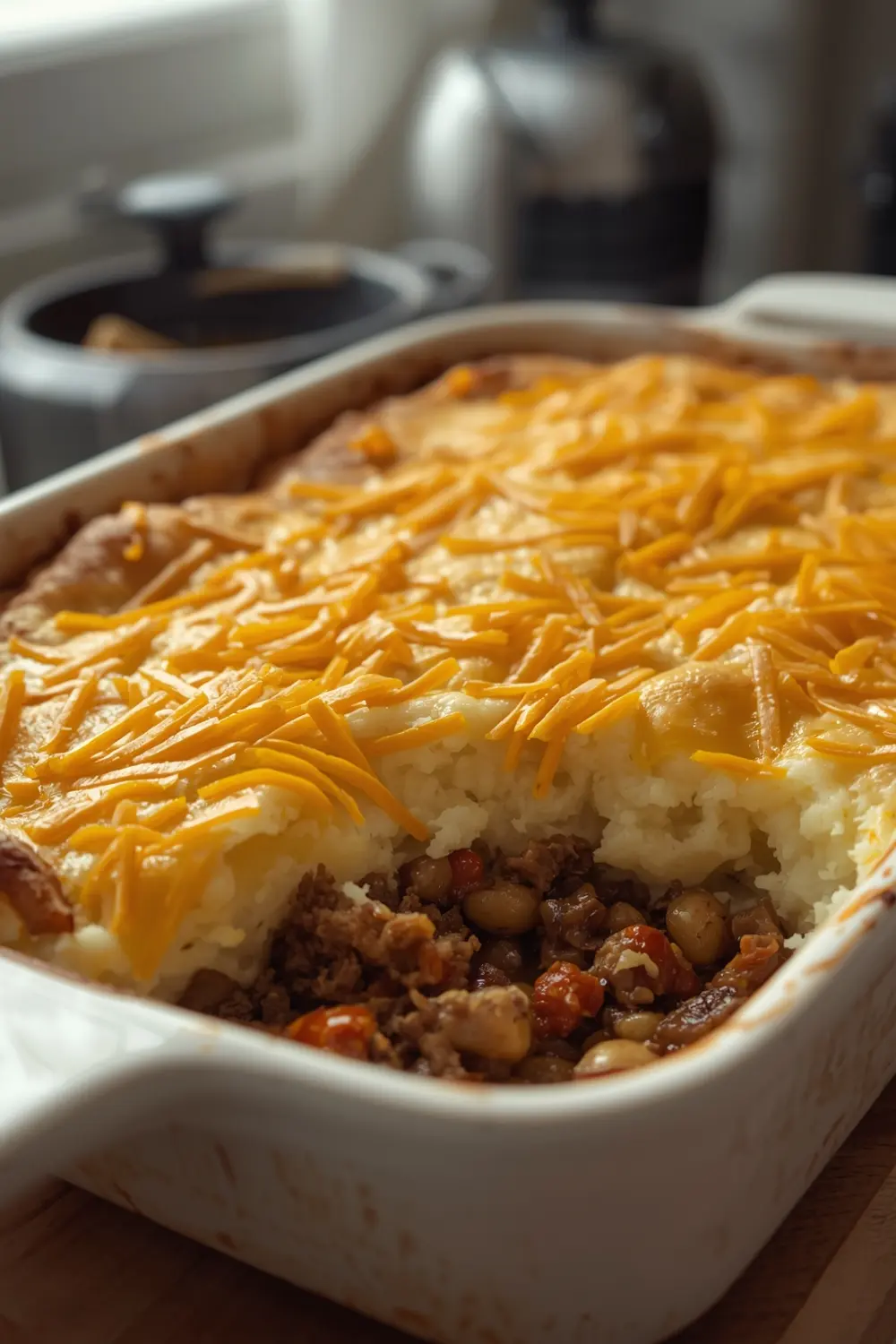 A photo of a shepherd's pie with a golden-brown crust of mashed potatoes and melted cheese
